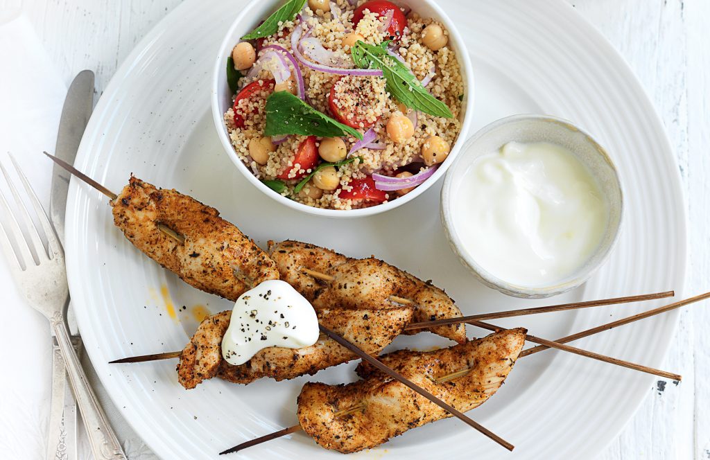Middle Eastern chicken skewers with couscous Middle Eastern chicken skewers with couscous