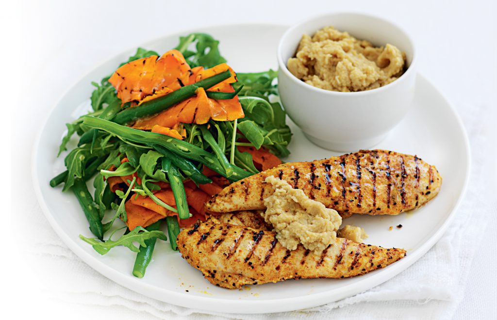Moroccan chicken with chickpea dip and grilled carrot salad Moroccan chicken with chickpea dip and grilled carrot salad