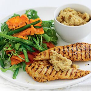 Moroccan chicken with chickpea dip and grilled carrot salad