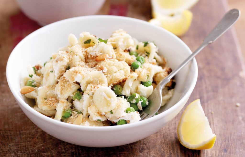 Orecchiette with roasted cauliflower, pine nuts and peas Orecchiette with roasted cauliflower, pine nuts and peas
