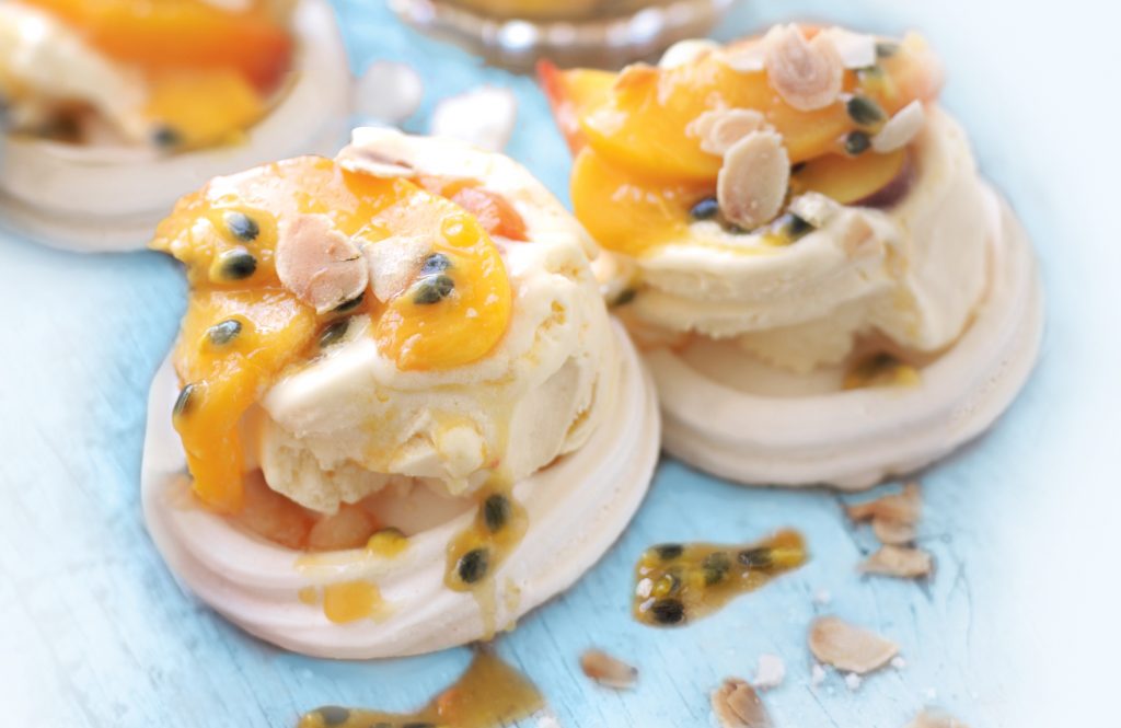 Passionfruit and nectarine pavlovas Passionfruit and nectarine pavlovas