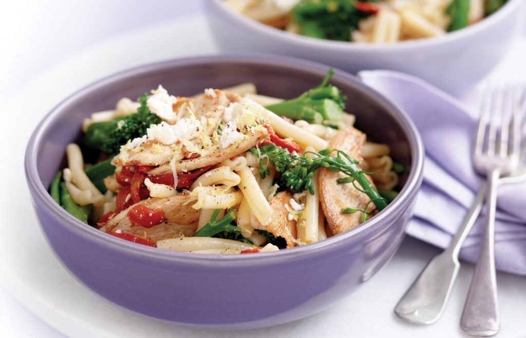 Pasta with chicken, broccolini, roasted capsicum, lemon and feta Pasta with chicken, broccolini, roasted capsicum, lemon and feta