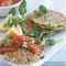 Pea, mint and haloumi fritters with tomato and capsicum sauce