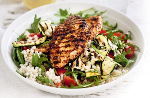 Pepper chicken with pearl couscous salad