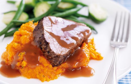 Peppered beef fillet with pumpkin and thyme mash