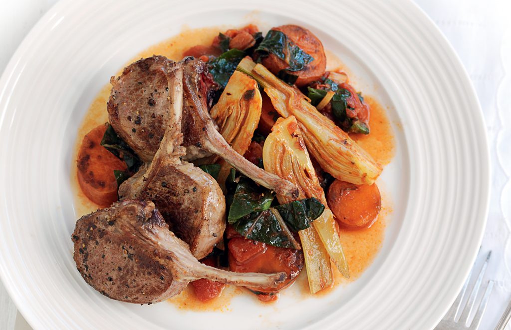 Peppered lamb with braised autumn veges