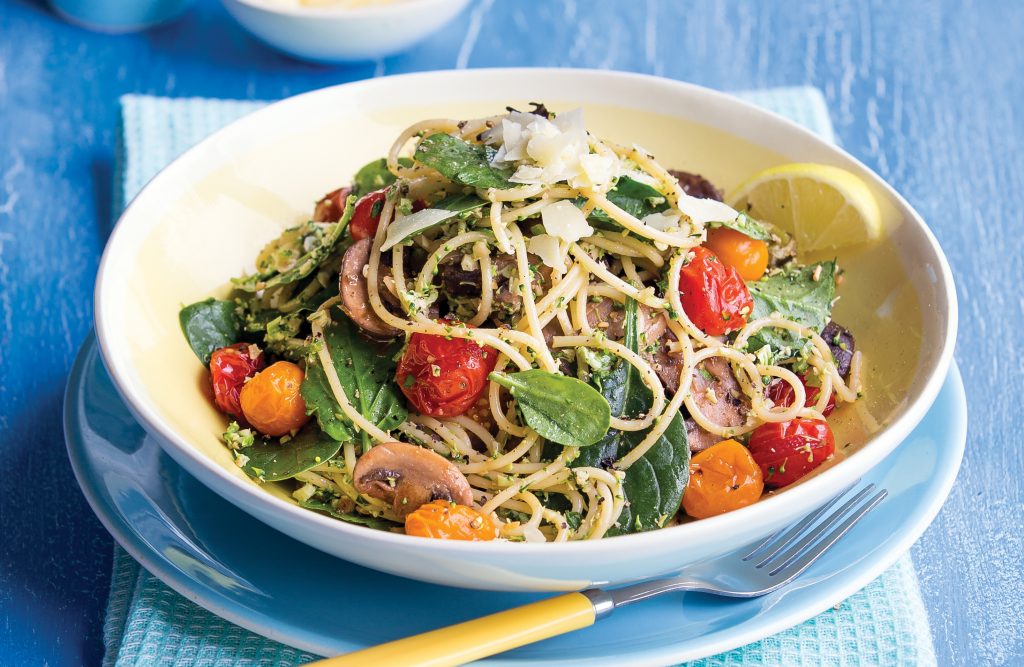 Pesto and mushroom spaghetti Pesto and mushroom spaghetti