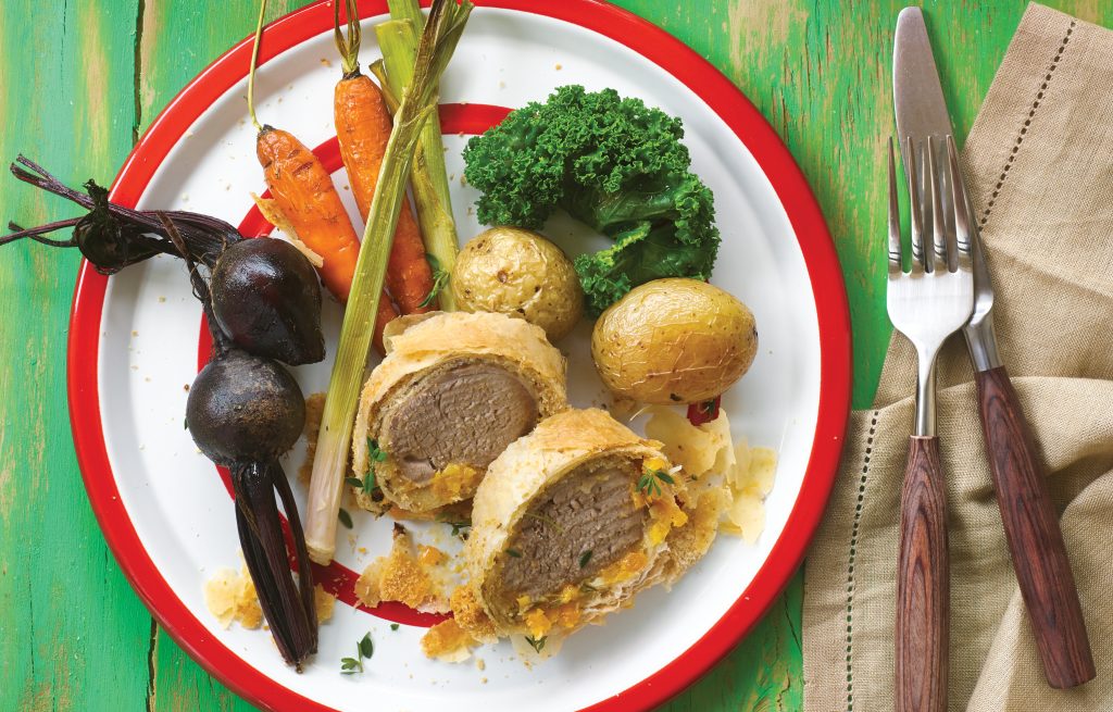 Pork, apricot and thyme strudel with baby vegetables Pork, apricot and thyme strudel with baby vegetables