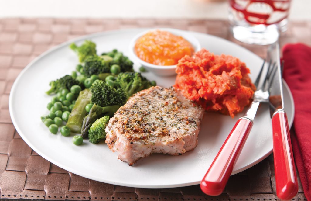 Pork in apricot sauce with herby mash Pork in apricot sauce with herby mash