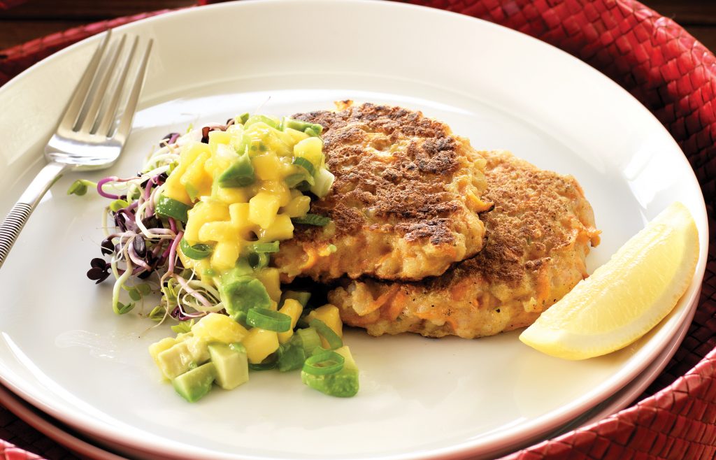Prawn and kumara fritters with mango salsa Prawn and kumara fritters with mango salsa