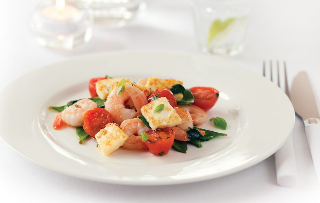 Prawns, snow peas, tomato and haloumi Prawns, snow peas, tomato and haloumi