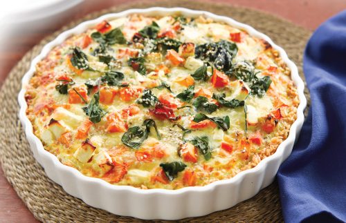 Pumpkin, spinach and feta tart with brown rice crust