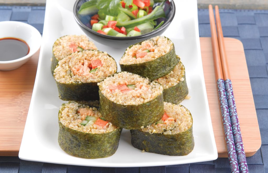 Quinoa sushi with chilli salmon