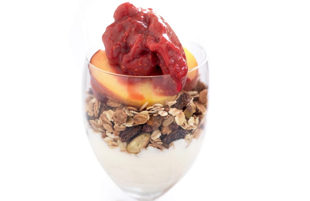Raspberry and peach breakfast parfait Raspberry and peach breakfast parfait