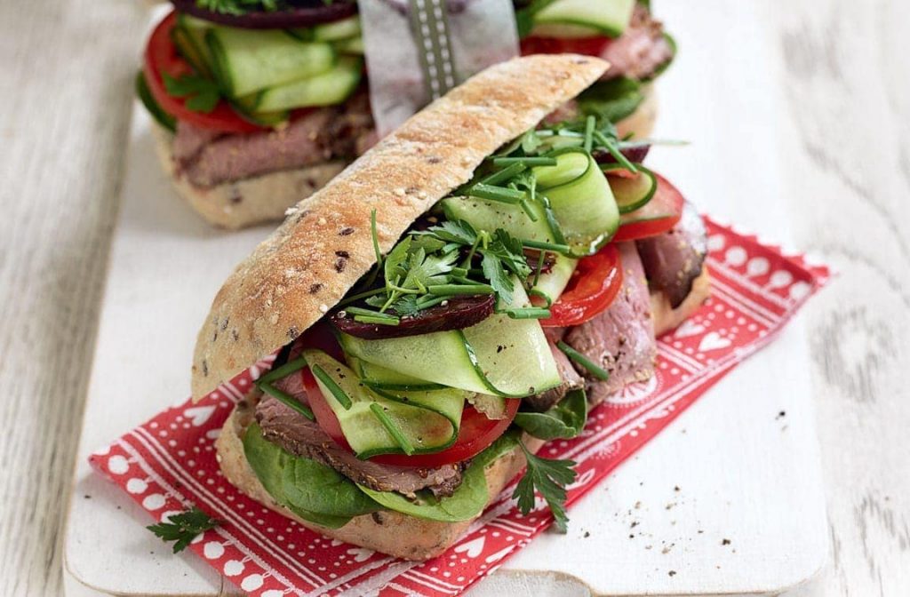 Roast beef, vege and mustard roll Roast beef, vege and mustard roll