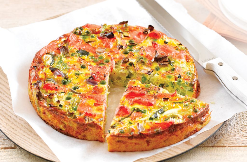 Salmon and garden greens self-crusting quiche Salmon and garden greens self-crusting quiche