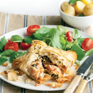 Salmon and rocket filo parcels