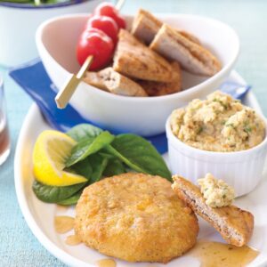 Salmon fish cakes with dip and pita chips