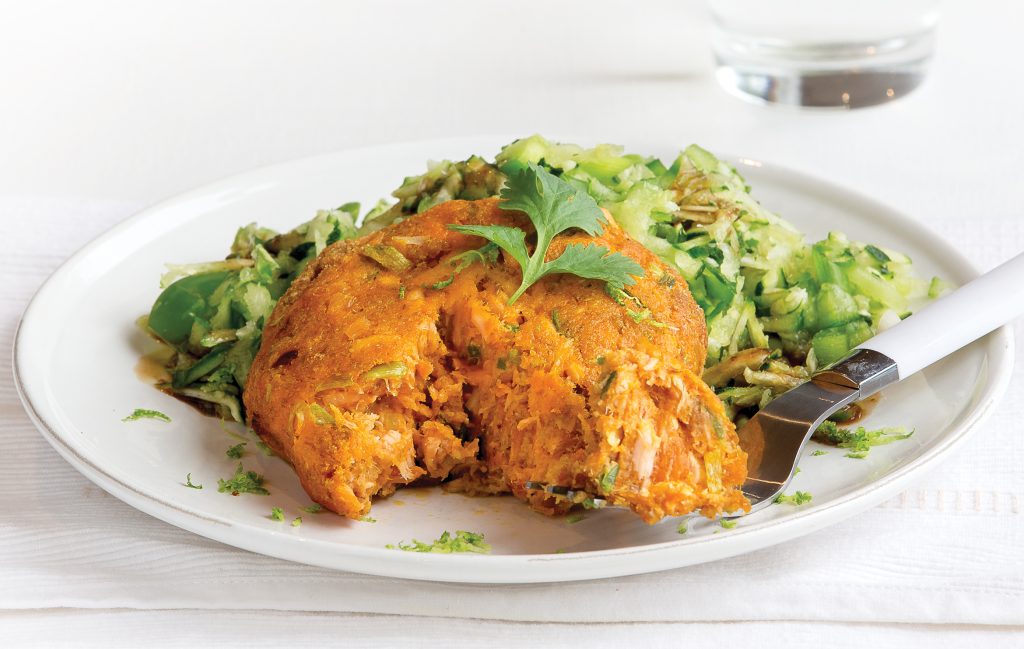 Salmon ginger cakes with green slaw Salmon ginger cakes with green slaw