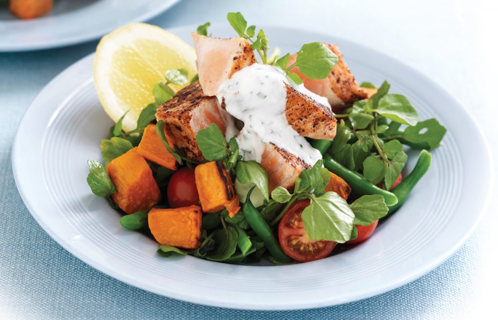 Salmon, kumara and watercress salad with yoghurt dressing Salmon, kumara and watercress salad with yoghurt dressing
