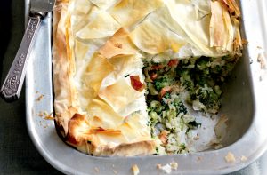 Salmon, leek, rice and broccoli filo pie