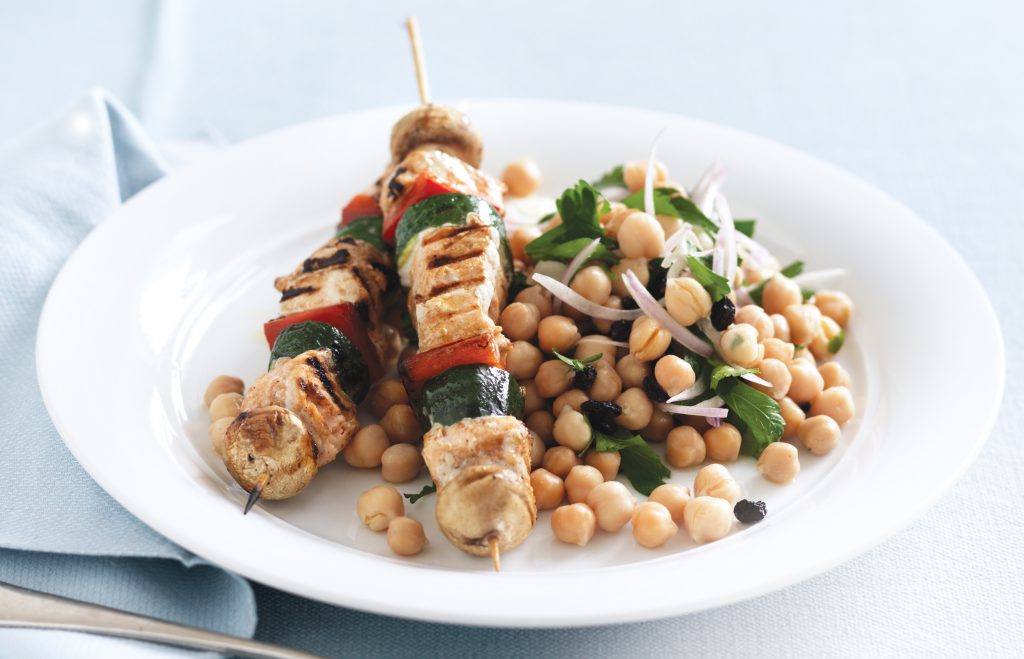 Salmon skewers with Moroccan chickpea and parsley salad Salmon skewers with Moroccan chickpea and parsley salad