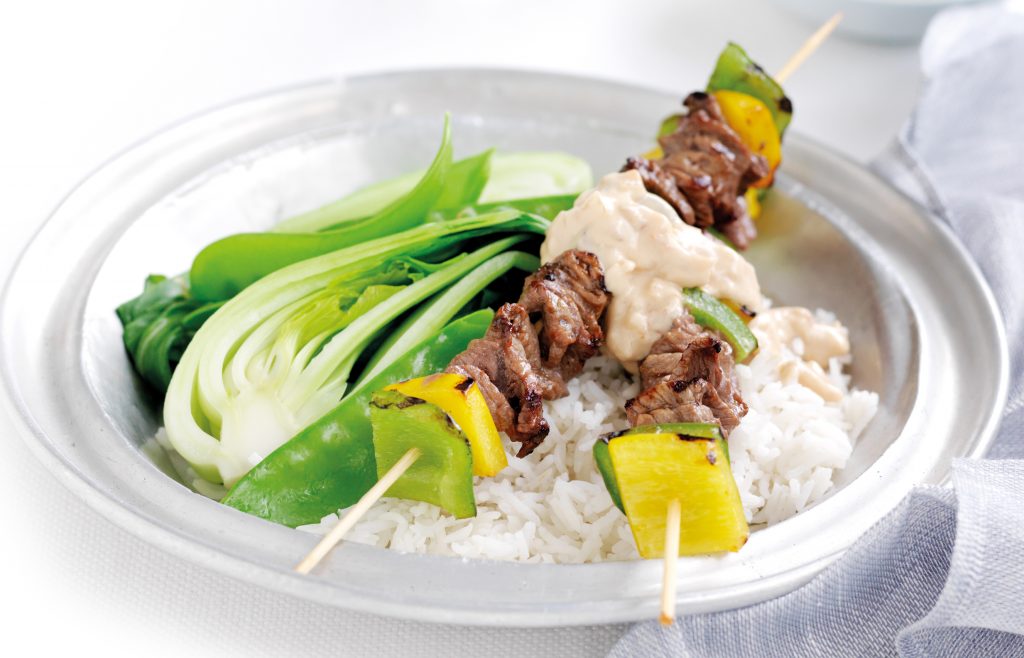 Satay beef skewers with Asian greens Satay beef skewers with Asian greens