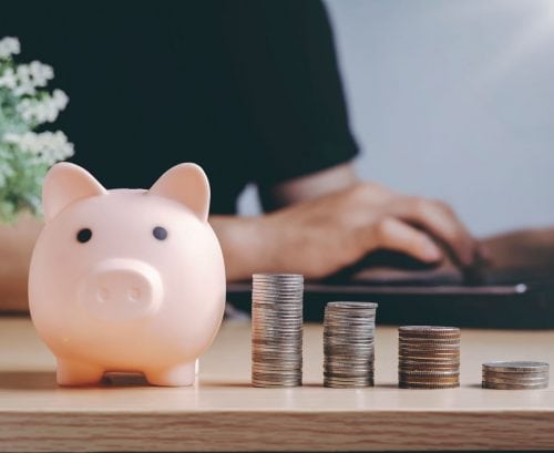piggy bank and piles of coins