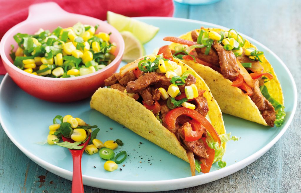 Sizzling pork tacos with corn and lime salsa Sizzling pork tacos with corn and lime salsa
