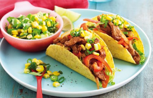 Sizzling pork tacos with corn and lime salsa