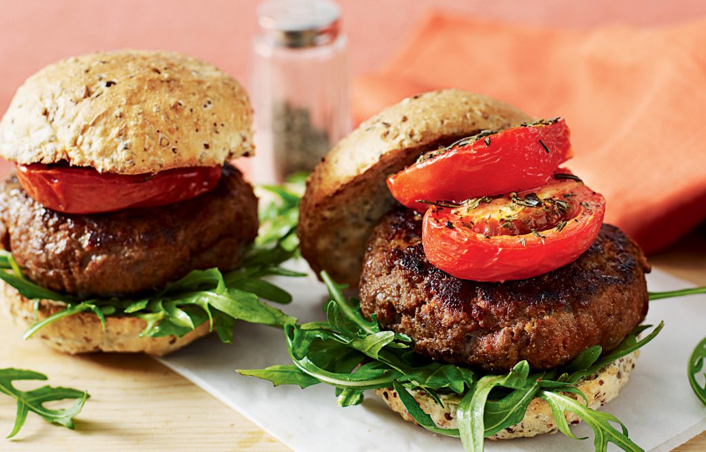Smoky beef burgers with roasted tomatoes Smoky beef burgers with roasted tomatoes