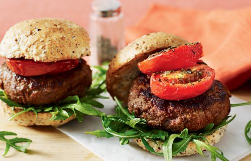 Smoky beef burgers with roasted tomatoes