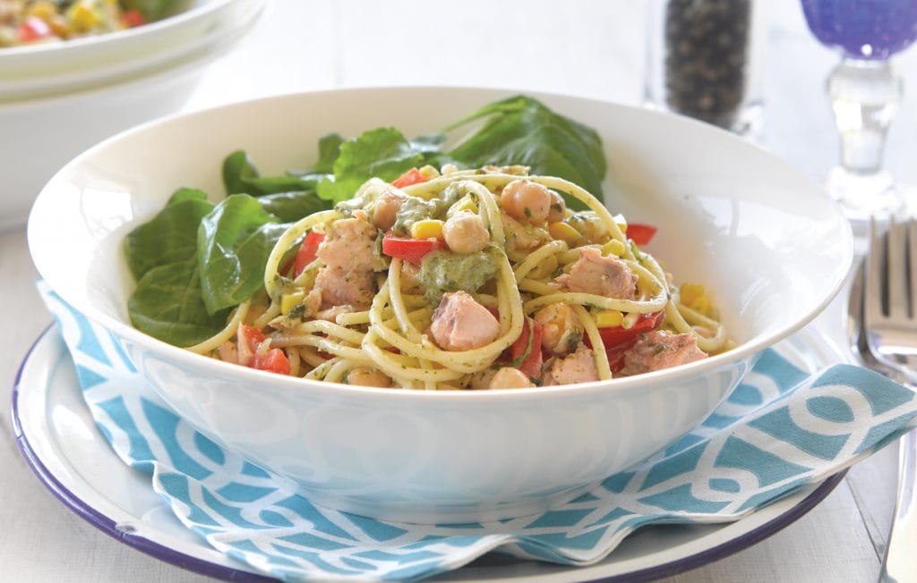 Speedy salmon spaghetti with green leaf sauce Speedy salmon spaghetti with green leaf sauce