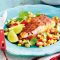 Spice-rubbed fish with roasted corn and tomato salad