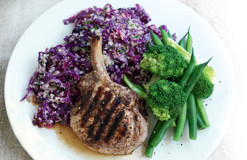 Spiced pork with red cabbage, bulgar and parsley salad Spiced pork with red cabbage, bulgar and parsley salad