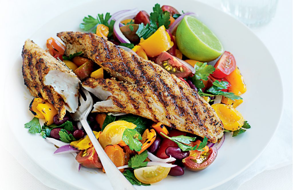 Spicy fish fillets with capsicum, bean and tomato salsa Spicy fish fillets with capsicum, bean and tomato salsa