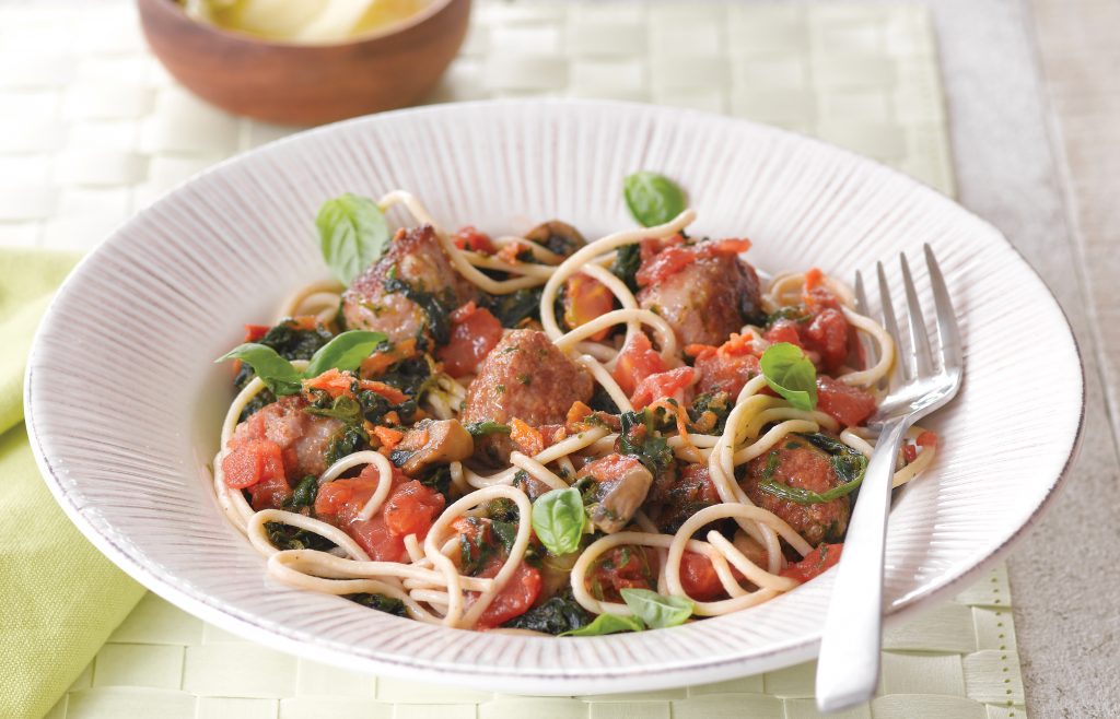 Spicy sausage meatballs with three-vege spaghetti sauce