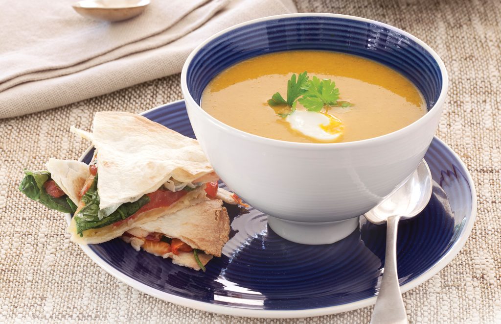 Spicy squash soup with tortilla vege melts Spicy squash soup with tortilla vege melts