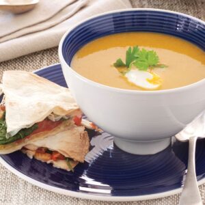 Spicy squash soup with tortilla vege melts