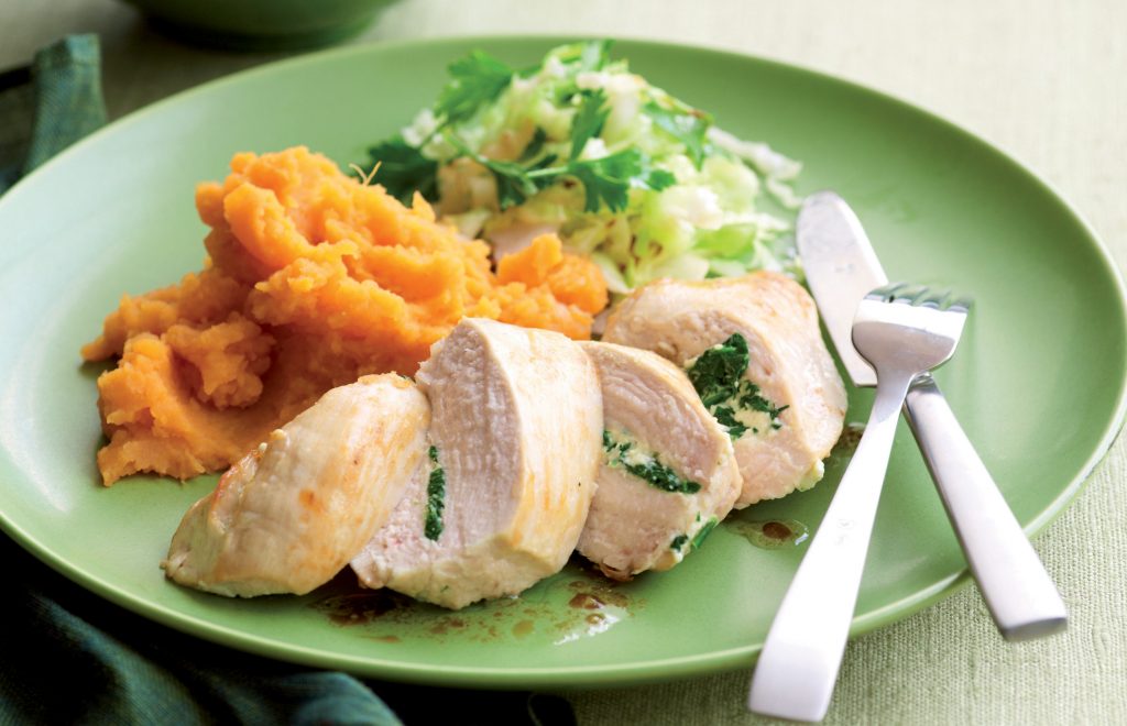 Spinach and ricotta-stuffed chicken with kumara mash Spinach and ricotta-stuffed chicken with kumara mash