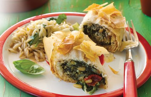 Spinach, sun-dried tomato and parmesan filo rolls