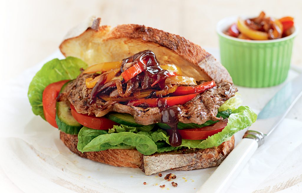 Steak sandwich with caramelised onion and capsicum Steak sandwich with caramelised onion and capsicum