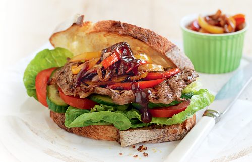 Steak sandwich with caramelised onion and capsicum