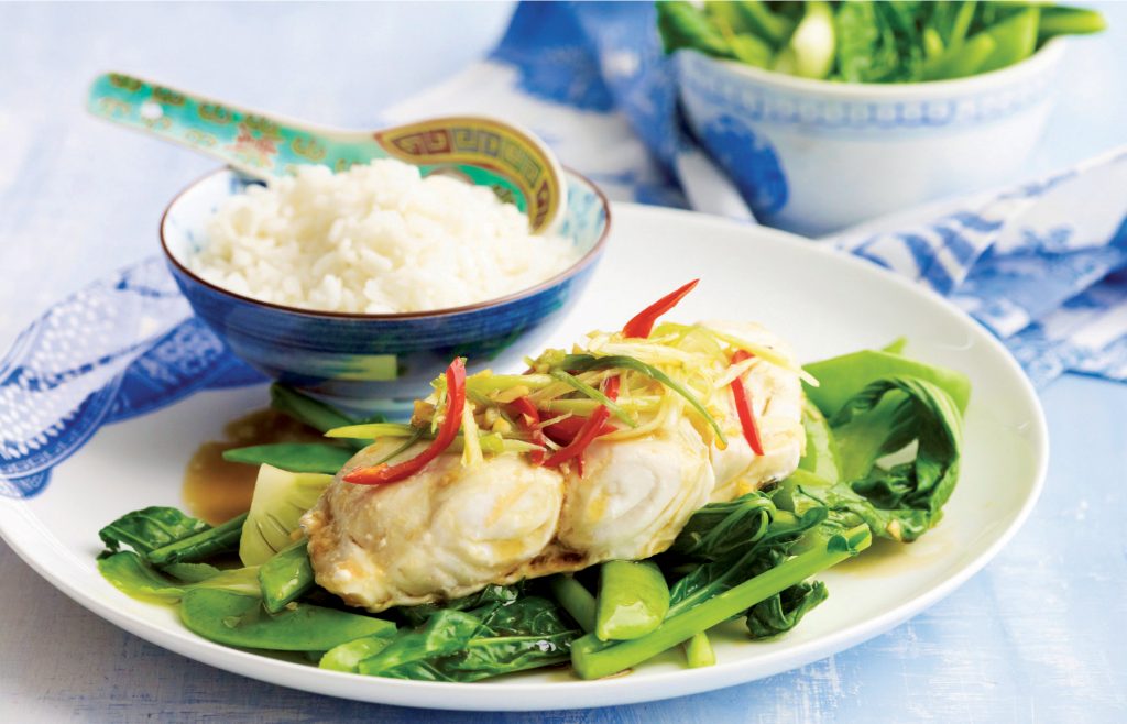Steamed fish with ginger, chilli and hot sesame dressing Steamed fish with ginger, chilli and hot sesame dressing