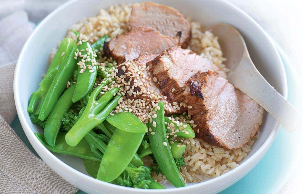 Sticky honey and soy pork with sesame greens Sticky honey and soy pork with sesame greens