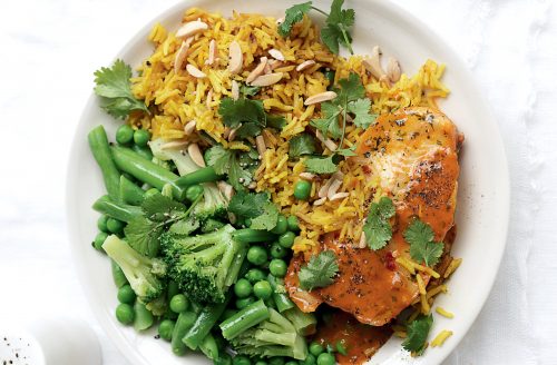 Sweet chilli fish with almond pilaf