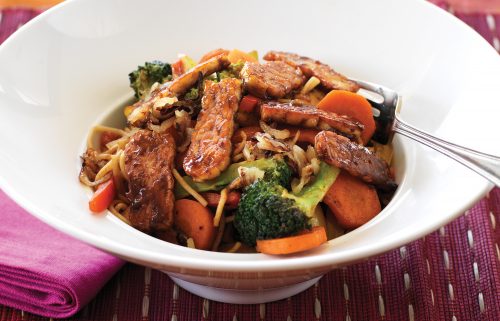 Sweet tempeh and wok-fried vegetables