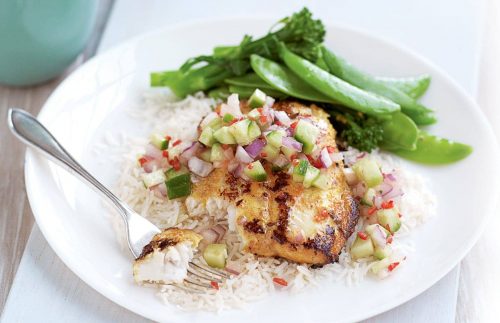 Tandoori fish with cucumber salsa and steamed greens