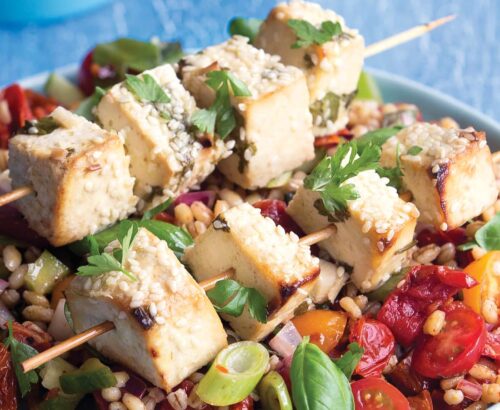 Tofu kebabs with barley salad