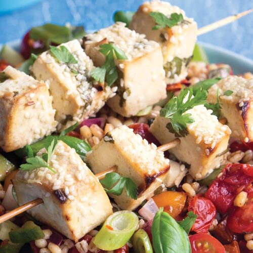 Tofu kebabs with barley salad